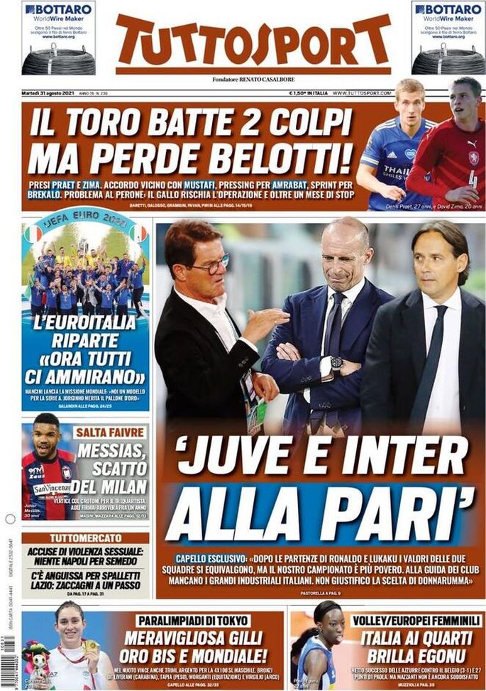 Prima Pagina Tuttosport, Capello: “Juve e Inter alla pari. Non giustifico Donnarumma” Prima Pagina Tuttosport, Capello: “Juve e Inter alla pari. Non giustifico Donnarumma”