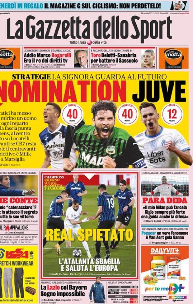 Prima Pagina, La Gazzetta dello Sport: “Nomination Juve. Che Conte! Real spietato. Lazio col Bayern, sogno impossibile”  Prima Pagina, La Gazzetta dello Sport: “Nomination Juve. Che Conte! Real spietato. Lazio col Bayern, sogno impossibile”