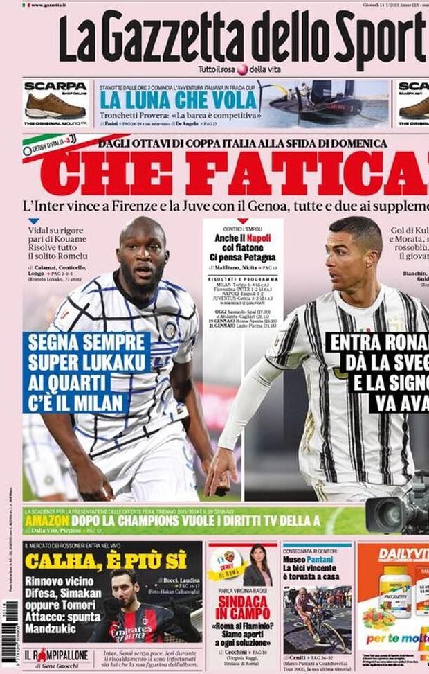  La Gazzetta dello Sport, la prima pagina di oggi, giovedì 14 gennaio 2021 