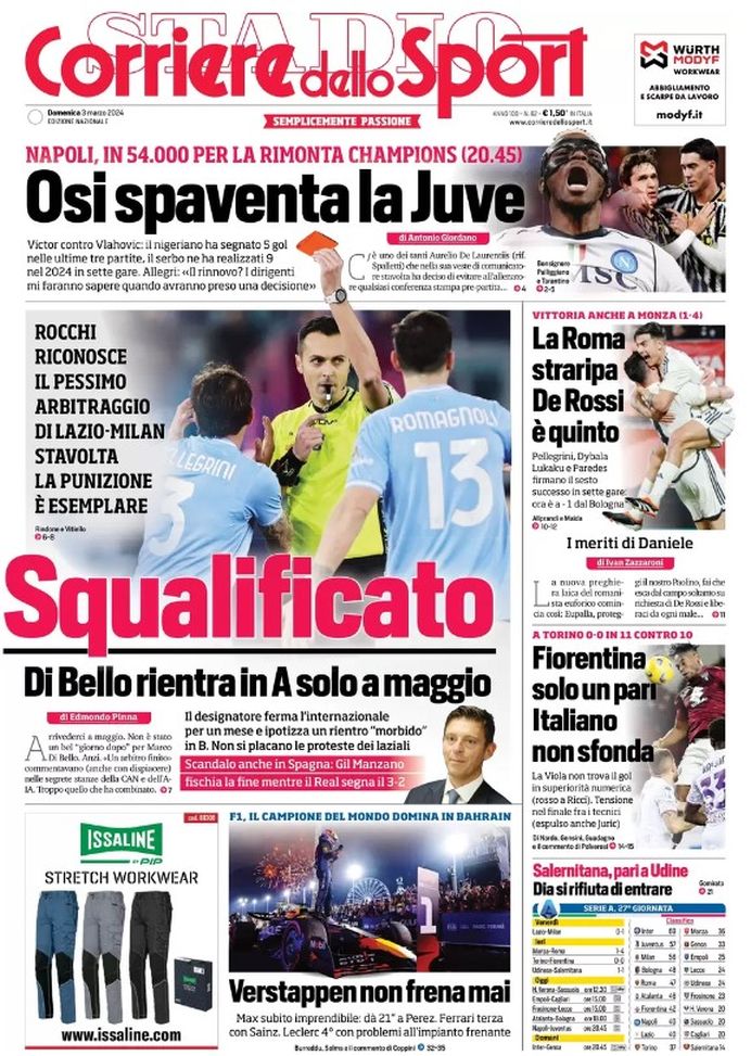 EDICOLA / CdS: Squalificato, Di Bello rientra a maggio. Osimhen spaventa la Juve - immagine 1