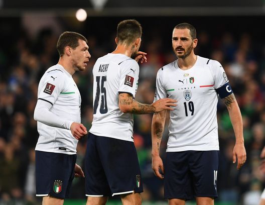 BELFAST, NORTHERN IRELAND - NOVEMBER 15: Andrea Belotti, Francesco Acerbi and Leonardo Bonucci of Italy react during the 2022 FIFA World Cup Qualifier match between Northern Ireland and Italy at Windsor Park on November 15, 2021 in Belfast, Northern Ireland. (Photo by Claudio Villa/Getty Images) BELFAST, NORTHERN IRELAND - NOVEMBER 15: Andrea Belotti, Francesco Acerbi and Leonardo Bonucci of Italy react during the 2022 FIFA World Cup Qualifier match between Northern Ireland and Italy at Windsor Park on November 15, 2021 in Belfast, Northern Ireland. (Photo by Claudio Villa/Getty Images)