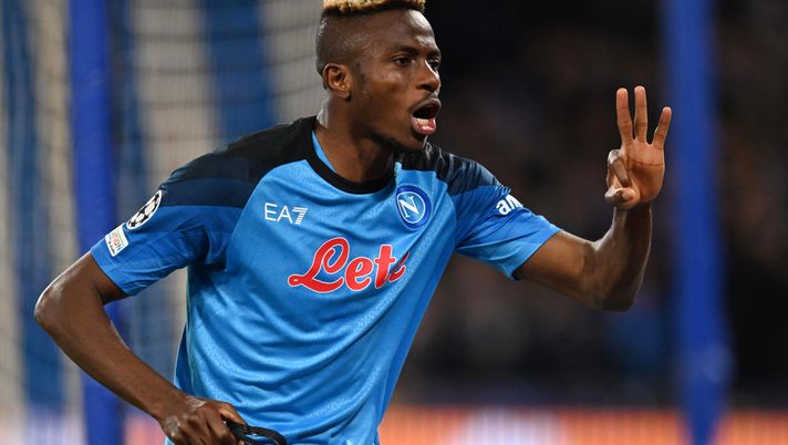 NAPLES, ITALY - MARCH 15: Victor Osimhen of SSC Napoli celebrates after scoring the team's first goal during the UEFA Champions League round of 16 leg two match between SSC Napoli and Eintracht Frankfurt at Stadio Diego Armando Maradona on March 15, 2023 in Naples, Italy. (Photo by Francesco Pecoraro/Getty Images) osimhen
