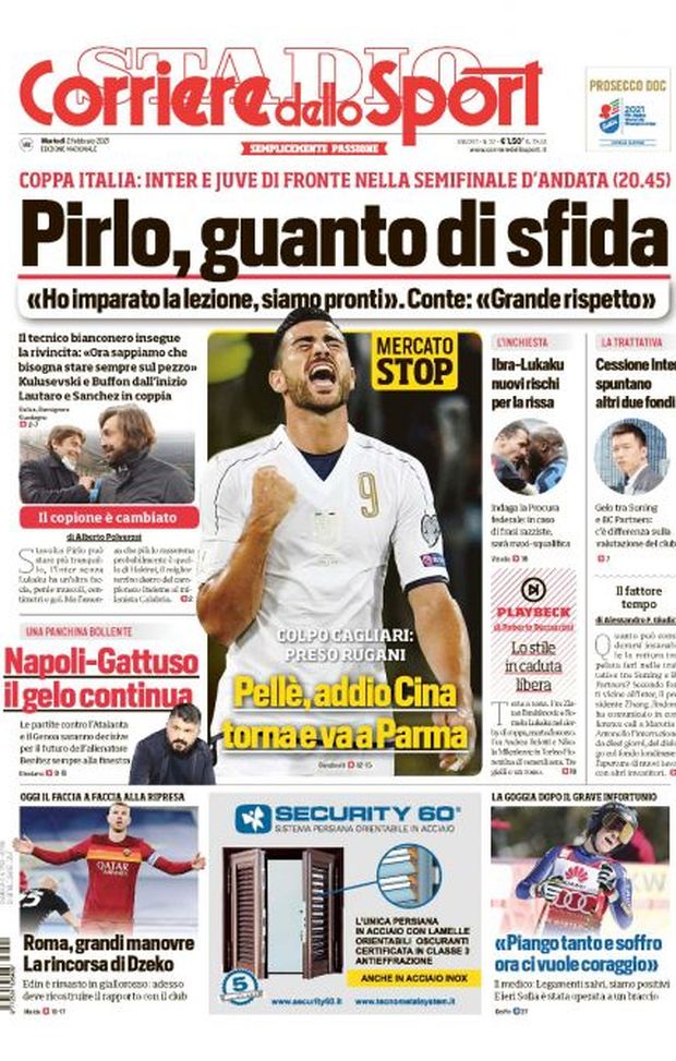 Prima Pagina, Corriere dello Sport: “Pirlo, guanto di sfida. Napoli-Gattuso, il gelo continua” 
