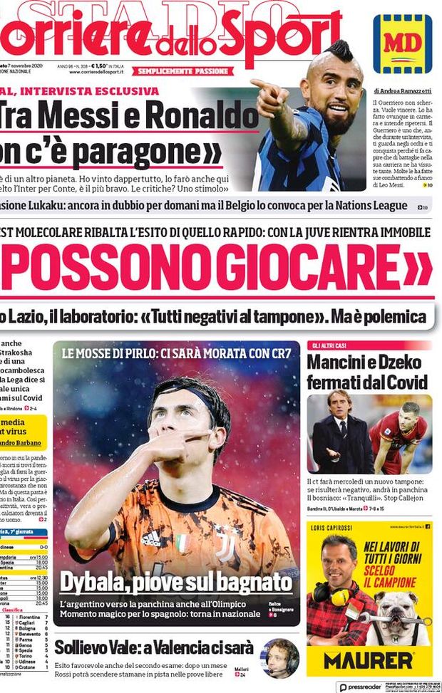  La prima del Corriere dello Sport, in edicola oggi, 7 novembre 2020 