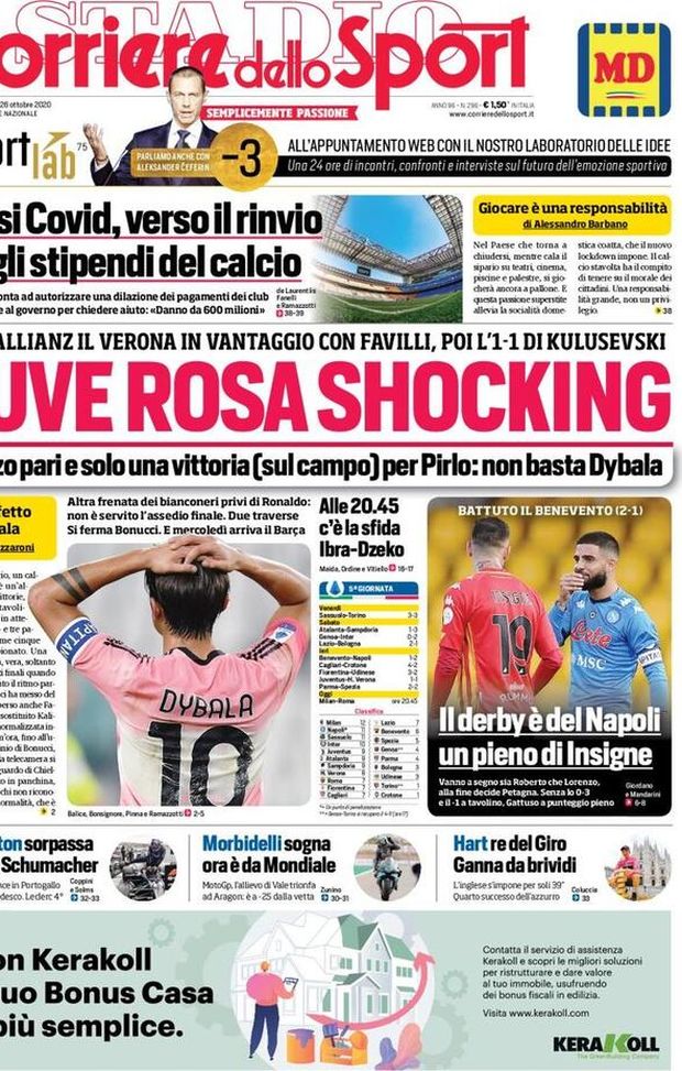 Corriere dello Sport, prima pagina 26 Ottobre 2020 