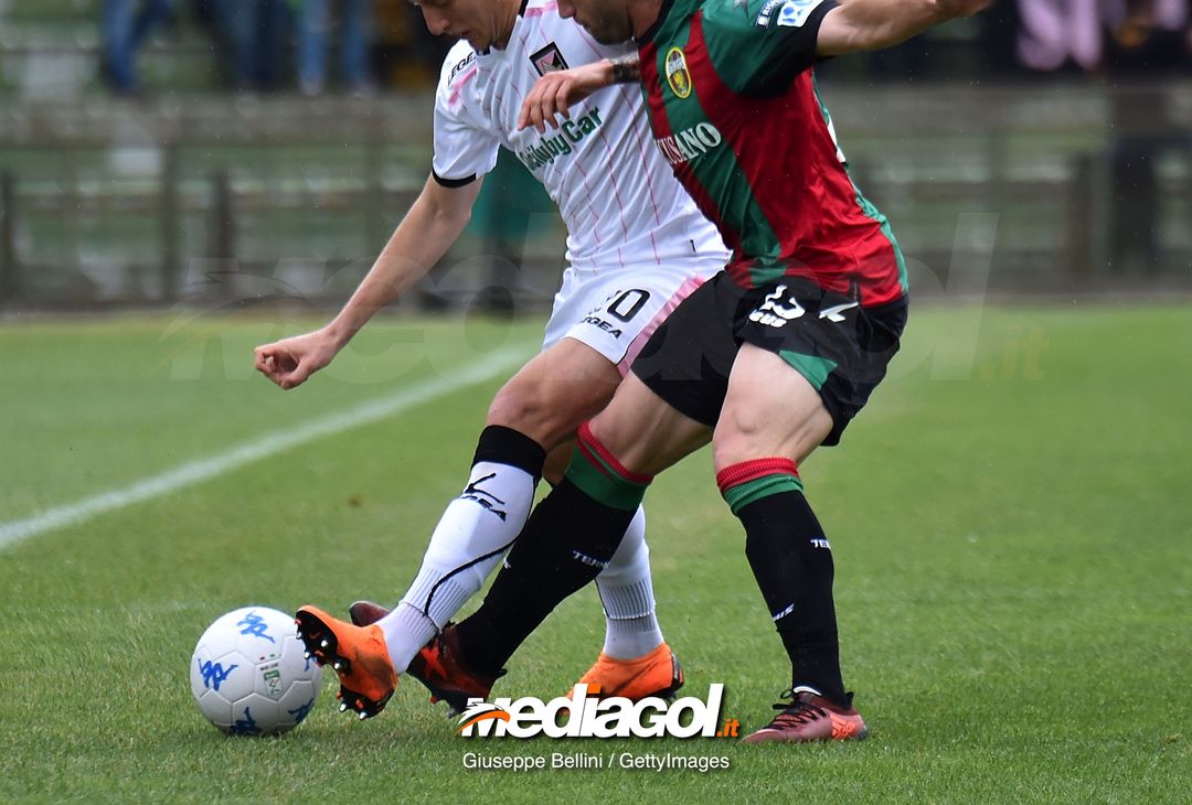  TERNI, ITALY - MAY 05: Antonino La Gumina of US Città di Palermo and Andrea Paolucci of Ternana Calcio in action during the serie B match between Ternana Calcio and US Citta di Palermo at Stadio Libero Liberati on May 5, 2018 in Terni, Italy.  (Photo by Giuseppe Bellini/Getty Images) 