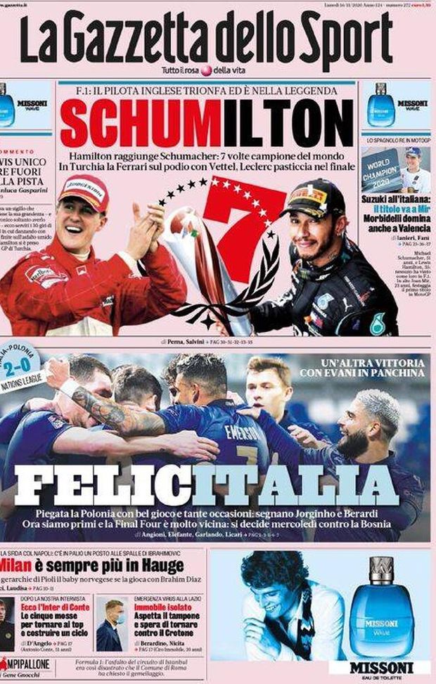 La Gazzetta dello Sport, la prima pagina di oggi, lunedì 16 novembre 2020 