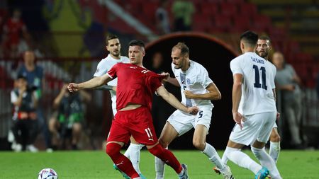 BELGRADE, SERBIA - JUNE 05: Luka Jovic of Serbia is challenged by Jon Stankovic of Slovenia during the UEFA Nations League League B Group 4 match between Serbia and Slovenia at Stadion Rajko Mitić on June 05, 2022 in Belgrade, Serbia. (Photo by Srdjan Stevanovic/Getty Images)