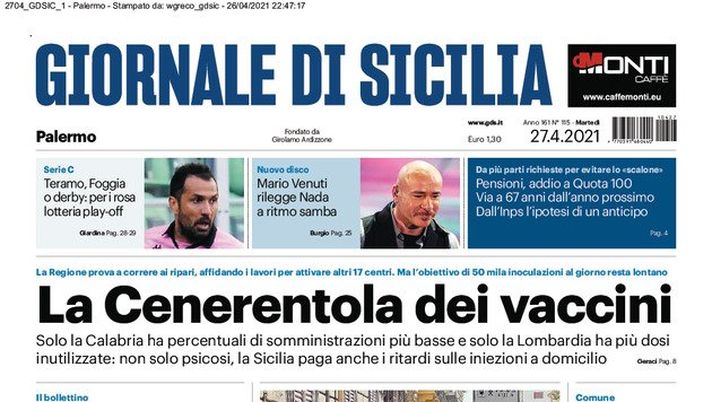 Prima Pagina, Giornale di Sicilia: “La Cenerentola dei vaccini. Per i rosa lotteria play-off” Prima Pagina, Giornale di Sicilia: “La Cenerentola dei vaccini. Per i rosa lotteria play-off”