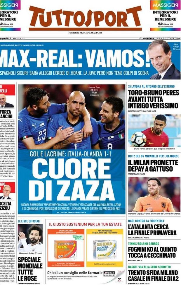 Prima Pagina, Tuttosport: “Il cuore di Zaza. Max-Real: vamos! Il Milan promette Depay a Gattuso…” Prima Pagina, Tuttosport: “Il cuore di Zaza. Max-Real: vamos! Il Milan promette Depay a Gattuso…”