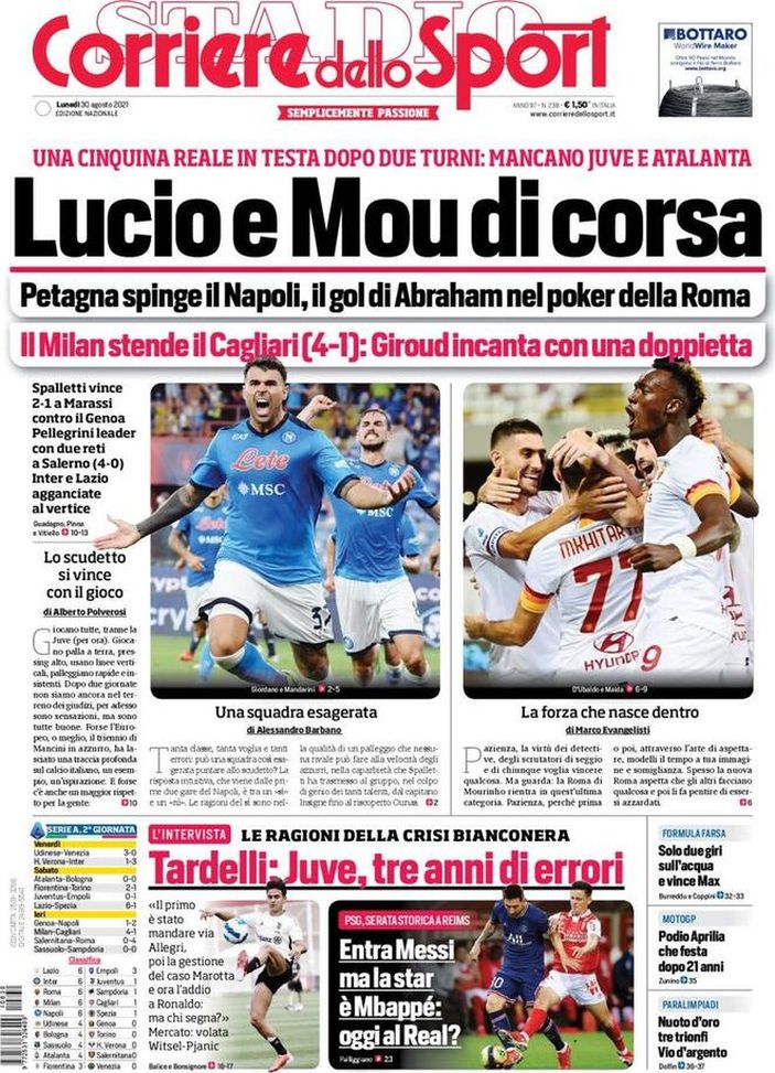 Prima Pagina, Corriere dello Sport: “Lucio e Mou di corsa, cinquina reale in testa&#8221; 