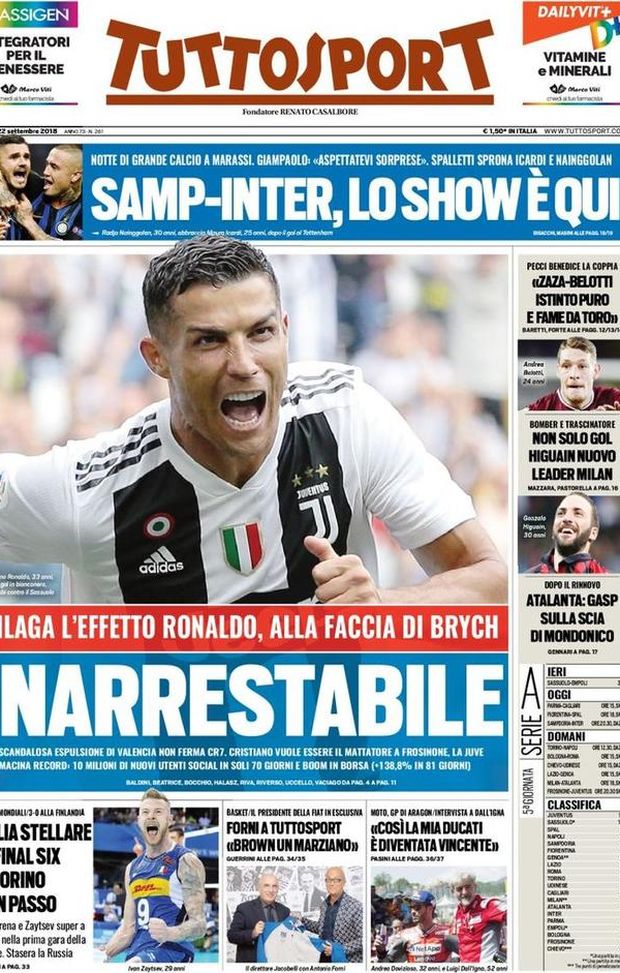 Prima Pagina, Tuttosport: “Inarrestabile. Samp-Inter, lo show è qui. Higuain nuovo leader del Milan…” Prima Pagina, Tuttosport: “Inarrestabile. Samp-Inter, lo show è qui. Higuain nuovo leader del Milan…”