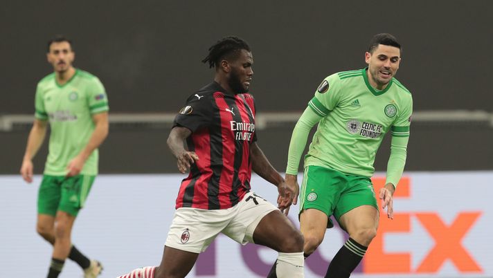 MILAN, ITALY - DECEMBER 03: Franck Kessie of A.C. Milan is challenged by Tomas Rogic of Celtic during the UEFA Europa League Group H stage match between AC Milan and Celtic at San Siro Stadium on December 03, 2020 in Milan, Italy. Sporting stadiums around Italy remain under strict restrictions due to the Coronavirus Pandemic as Government social distancing laws prohibit fans inside venues resulting in games being played behind closed doors. (Photo by Emilio Andreoli/Getty Images) MILAN, ITALY - DECEMBER 03: Franck Kessie of A.C. Milan is challenged by Tomas Rogic of Celtic during the UEFA Europa League Group H stage match between AC Milan and Celtic at San Siro Stadium on December 03, 2020 in Milan, Italy. Sporting stadiums around Italy remain under strict restrictions due to the Coronavirus Pandemic as Government social distancing laws prohibit fans inside venues resulting in games being played behind closed doors. (Photo by Emilio Andreoli/Getty Images)