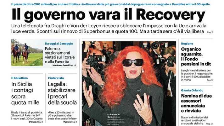 Prima Pagina, Giornale di Sicilia: “Il governo vara il Recovery. Spostamenti e bar, altre novità nel decreto” 