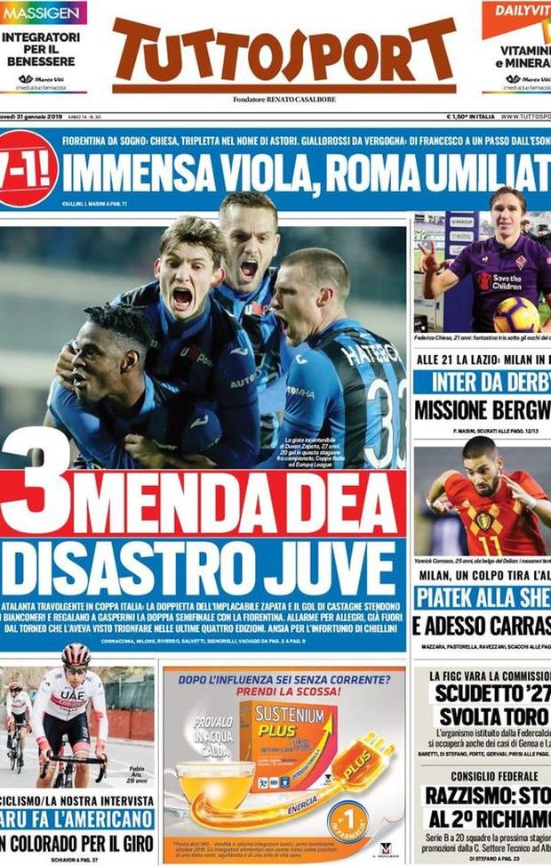 Prima Pagina, Tuttosport: “3menda Dea, disastro Juve. Immensa viola, Roma umiliata. Inter da derby…” Prima Pagina, Tuttosport: “3menda Dea, disastro Juve. Immensa viola, Roma umiliata. Inter da derby…”