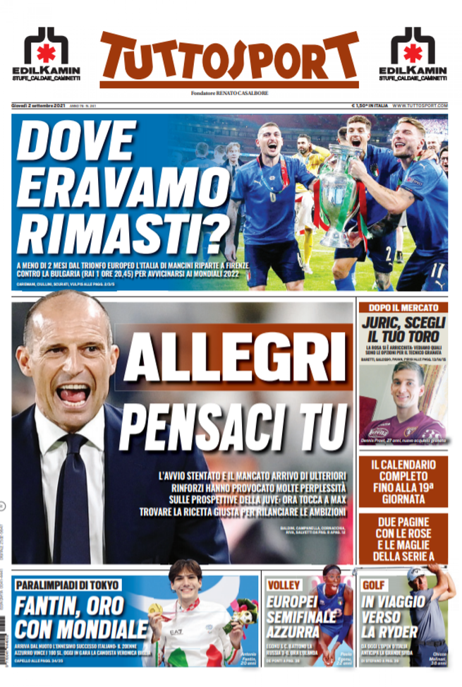 Prima Pagina, Tuttosport: “Dove eravamo rimasti? Allegri, pensaci tu” 