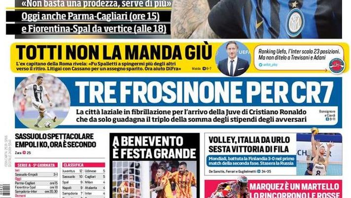 Prima Pagina, Corriere dello Sport: &#8220;Temptation Inter. Totti non la manda giù. Tre Frosinone per CR7&#8230;&#8221; 