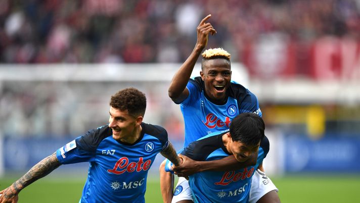 TURIN, ITALY - MARCH 19: Victor Osimhen of SSC Napoli celebrates with Kim Min-Jae and Giovanni Di Lorenzo of SSC Napoli following their win during the Serie A match between Torino FC and SSC Napoli at Stadio Olimpico di Torino on March 19, 2023 in Turin, Italy. (Photo by Valerio Pennicino/Getty Images) Napoli scudetto