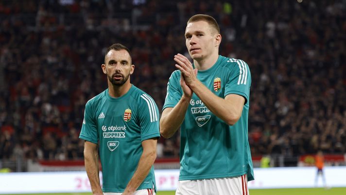 BUDAPEST, HUNGARY - SEPTEMBER 8: Attila Szalai of Hungary reacts next to Attila Fiola of Hungary prior to the FIFA World Cup 2022 Qatar qualifying match between Hungary and Andorra at Puskas Arena on September 8, 2021 in Budapest, Hungary. (Photo by Laszlo Szirtesi/Getty Images)