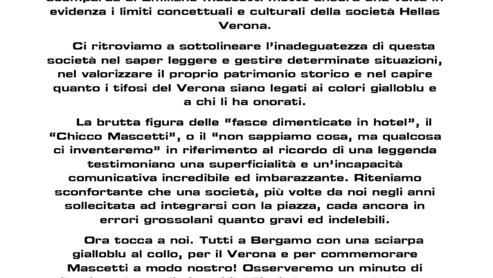 La Curva Sud e Mascetti: “Lo ricorderemo a Bergamo. Società imbarazzante” - immagine 1