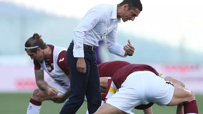 FLORENCE, ITALY - JULY 19: Moreno Longo manager of Torino FC gestures during the Serie A match between ACF Fiorentina and  Torino FC at Stadio Artemio Franchi on July 19, 2020 in Florence, Italy.  (Photo by Gabriele Maltinti/Getty Images)