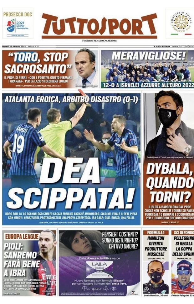 Prima Pagina, Tuttosport: “Dea scippata! Dybala quando torni? Toro, stop sacrosanto” 