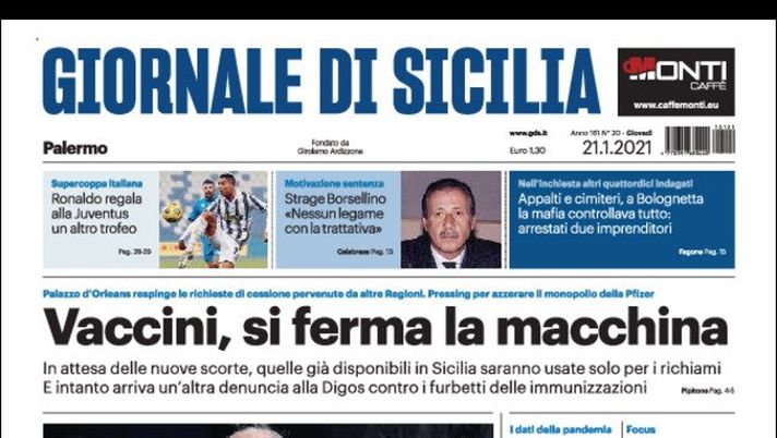 Prima Pagina, Giornale di Sicilia: “Vaccini, si ferma la macchina. Ronaldo regala alla Juventus un altro trofeo” 