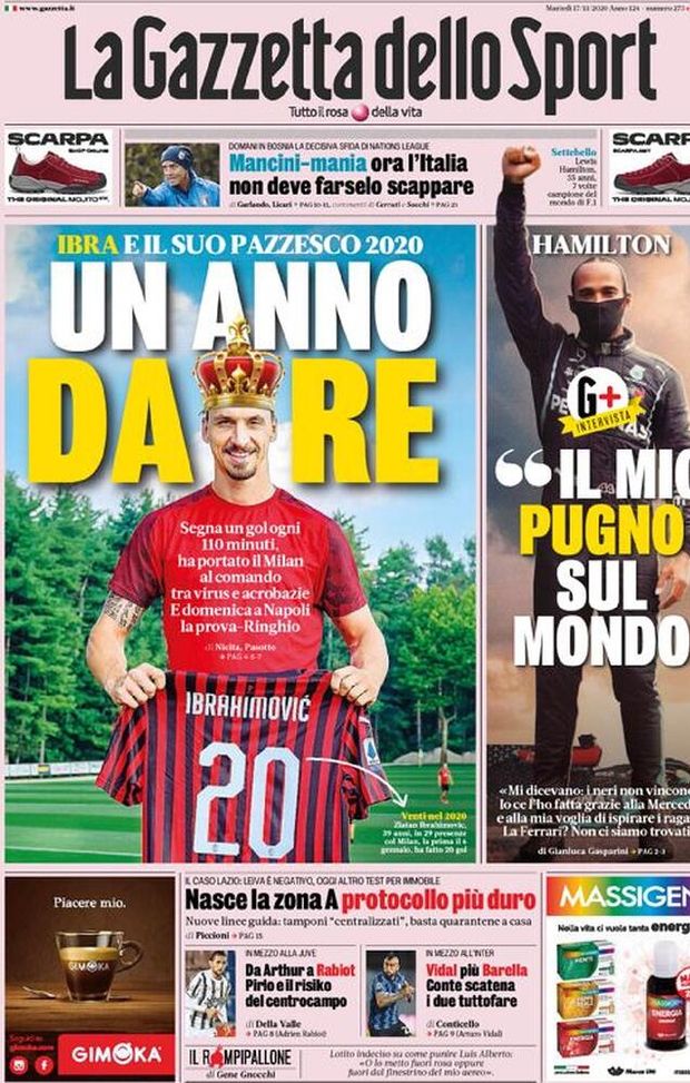  La Gazzetta dello Sport, la prima pagina di oggi, martedì 17 novembre 2020 