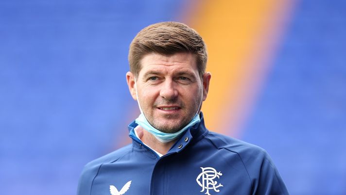 BIRKENHEAD, ENGLAND - JULY 10: Steven Gerrard, Manager of Rangers looks on prior to the Pre-Season friendly match between Tranmere Rovers and Rangers at Prenton Park on July 10, 2021 in Birkenhead, England. (Photo by Lewis Storey/Getty Images) 