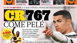 Prima Pagina, La Gazzetta dello Sport: “CR767 come Pelé. Oro Inter. Ibra segna anche al Festival”