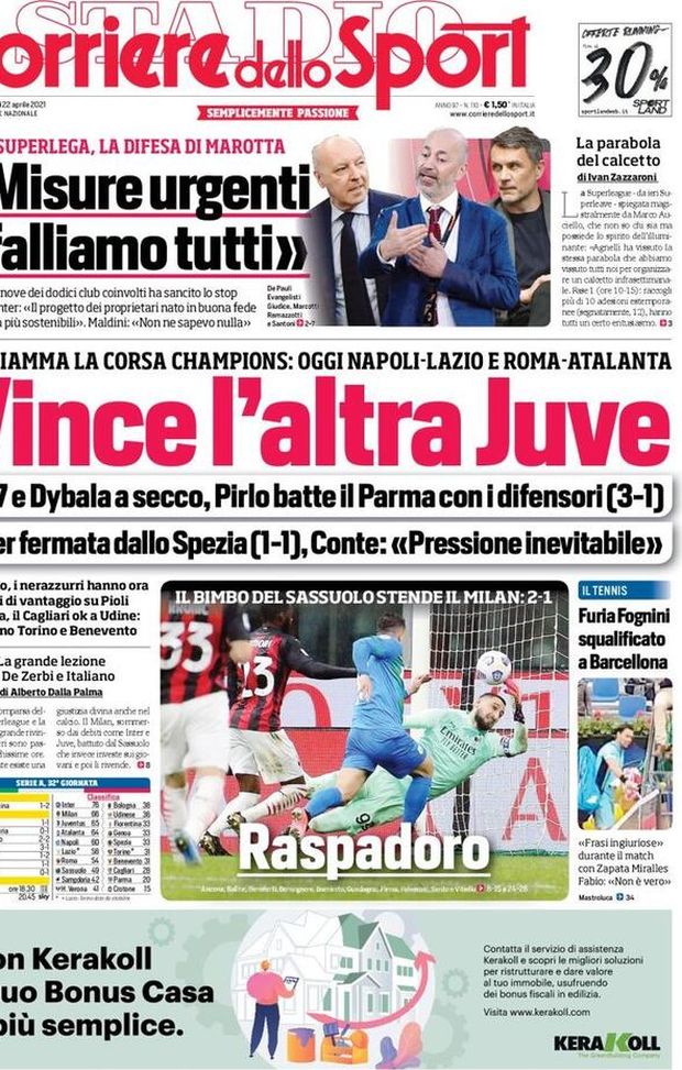 Il Corriere dello Sport, la prima pagina di oggi, giovedì 22 aprile 2021 Il Corriere dello Sport, la prima pagina di oggi, giovedì 22 aprile 2021