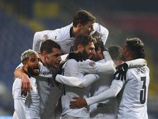SARAJEVO, BOSNIA AND HERZEGOVINA - NOVEMBER 18: Domenico Berardi of Italy celebrates with team-mates after scoring the second goal during the UEFA Nations League group stage match between Bosnia-Herzegovina and Italy at Stadium Grbavica on November 18, 2020 in Sarajevo, Bosnia and Herzegovina. (Photo by Claudio Villa/Getty Images) SARAJEVO, BOSNIA AND HERZEGOVINA - NOVEMBER 18: Domenico Berardi of Italy celebrates with team-mates after scoring the second goal during the UEFA Nations League group stage match between Bosnia-Herzegovina and Italy at Stadium Grbavica on November 18, 2020 in Sarajevo, Bosnia and Herzegovina. (Photo by Claudio Villa/Getty Images)