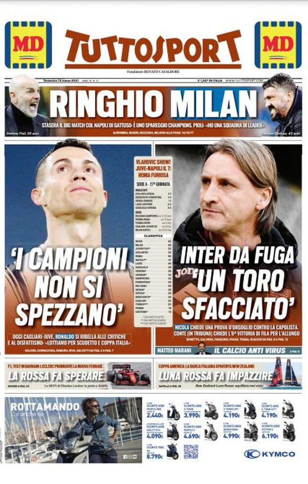 Prima Pagina, Tuttosport: “Ringhio Milan. Ronaldo si ribella alle critiche. Inter da fuga” Prima Pagina, Tuttosport: “Ringhio Milan. Ronaldo si ribella alle critiche. Inter da fuga”