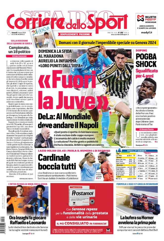 Prima Pagina Corriere dello Sport 01-03-2024