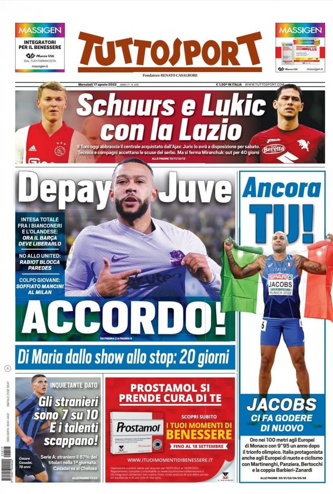 Tuttosport, la prima pagina di oggi, mercoledì 17 agosto 2022
