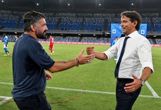 NAPLES, ITALY - AUGUST 01: SSC Napoli head coach Gennaro Gattuso and SS Lazio head coach Simone Inzaghi pose before the Serie A match between SSC Napoli and SS Lazio at Stadio San Paolo on August 01, 2020 in Naples, Italy. (Photo by Marco Rosi - SS Lazio/Getty Images) NAPLES, ITALY - AUGUST 01: SSC Napoli head coach Gennaro Gattuso and SS Lazio head coach Simone Inzaghi pose before the Serie A match between SSC Napoli and SS Lazio at Stadio San Paolo on August 01, 2020 in Naples, Italy. (Photo by Marco Rosi - SS Lazio/Getty Images)