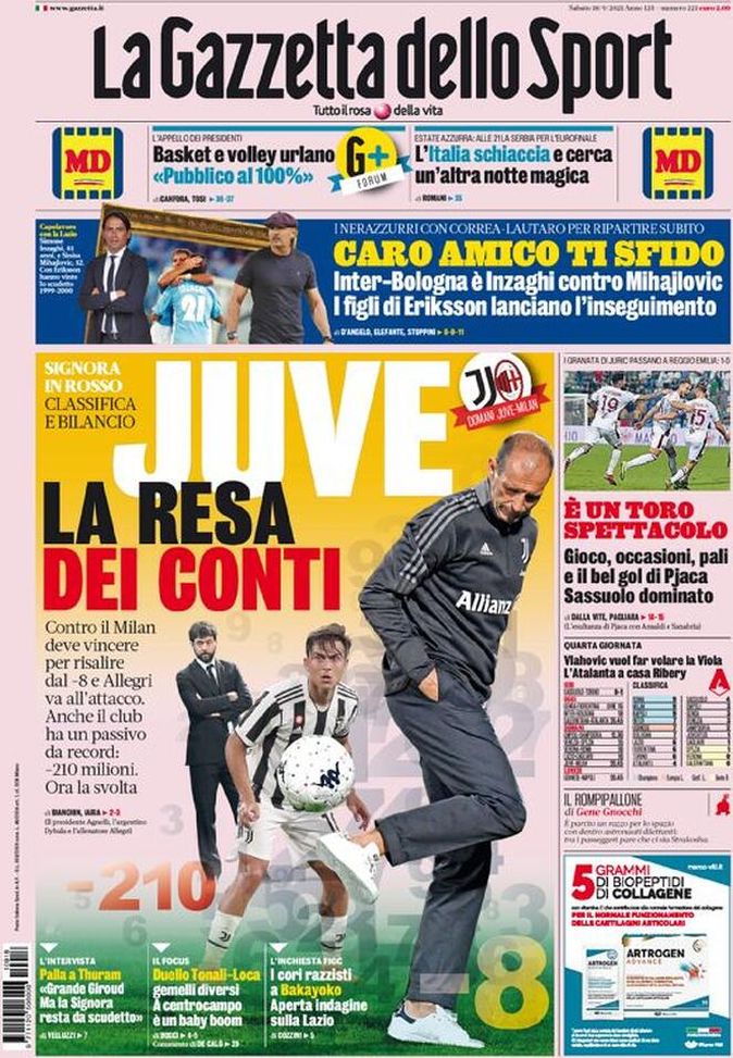 Prima Pagina, La Gazzetta dello Sport: “Juve, la resa dei conti” 