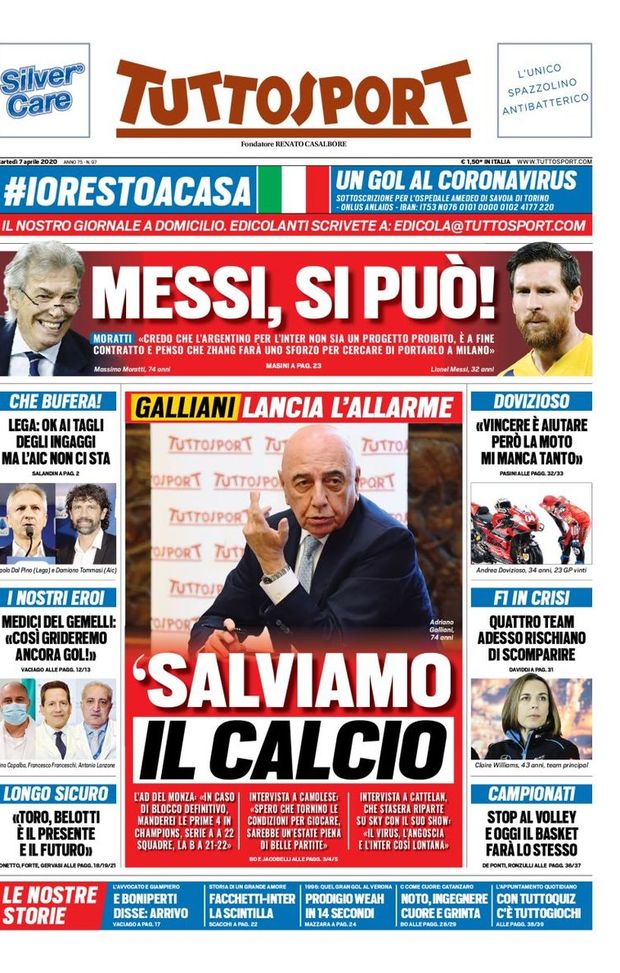  Prima pagina Tuttosport 7 aprile 2020 