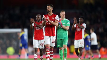 LONDON, ENGLAND - SEPTEMBER 22: Pablo Mari of Arsenal applauds fans after his sides victory in the Carabao Cup Third Round match between Arsenal and AFC Wimbledon at Emirates Stadium on September 22, 2021 in London, England. (Photo by Julian Finney/Getty Images)