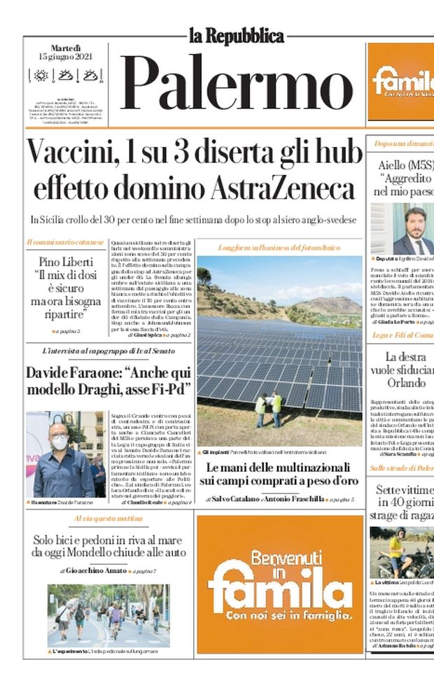 Prima Pagina, La Repubblica-Palermo: “Vaccini, 1 su 3 diserta gli hub: effetto domino AstraZeneca”  Prima Pagina, La Repubblica-Palermo: “Vaccini, 1 su 3 diserta gli hub: effetto domino AstraZeneca”