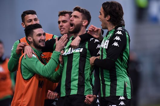 REGGIO NELL'EMILIA, ITALY - JANUARY 21: Domenico Berardi of Sassuolo celebrates after scoring the equalizing goal during the serie A match between US Sassuolo and Torino FC at Mapei Stadium - Citta' del Tricolore on January 21, 2018 in Reggio nell'Emilia, Italy. (Photo by Tullio M. Puglia/Getty Images) REGGIO NELL'EMILIA, ITALY - JANUARY 21: Domenico Berardi of Sassuolo celebrates after scoring the equalizing goal during the serie A match between US Sassuolo and Torino FC at Mapei Stadium - Citta' del Tricolore on January 21, 2018 in Reggio nell'Emilia, Italy. (Photo by Tullio M. Puglia/Getty Images)