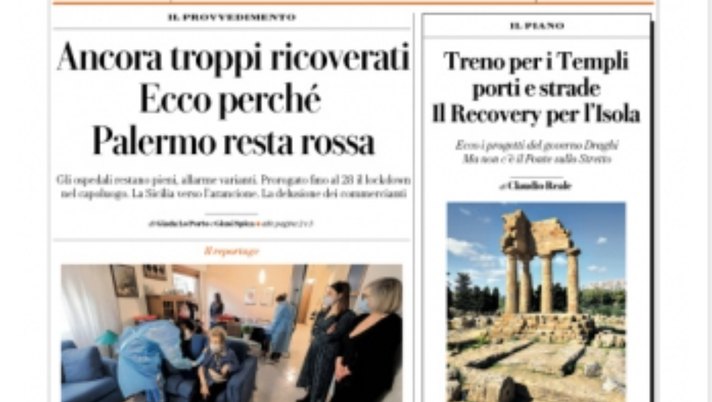 Prima Pagina, La Repubblica Palermo: “Ancora troppi ricoverati, ecco perchè Palermo resta rossa” 
