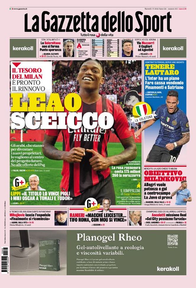 Prima Pagina, La Gazzetta dello Sport: “Leao sceicco, tenere Lautaro. Milinkovic…” Prima Pagina
