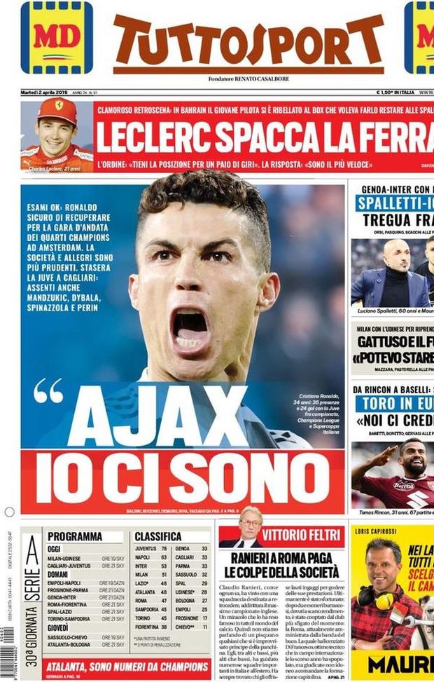 Prima Pagina, Tuttosport: “Ajax, io ci sono. Gattuso e il futuro: ‘Potevo stare zitto’. Spalletti-Icardi, tregua fragile” Prima Pagina, Tuttosport: “Ajax, io ci sono. Gattuso e il futuro: ‘Potevo stare zitto’. Spalletti-Icardi, tregua fragile”