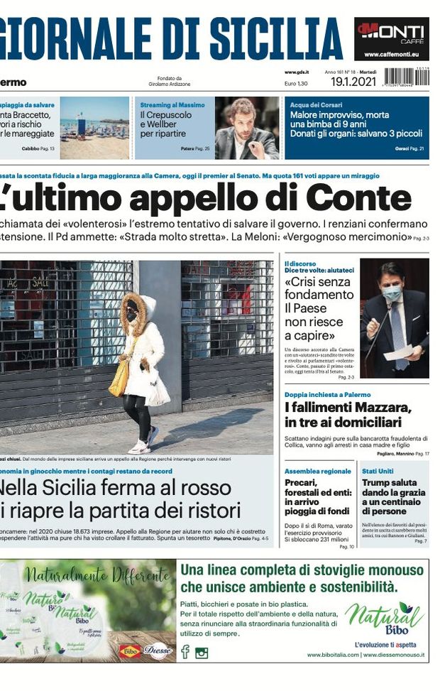Prima Pagina, Giornale di Sicilia: “L’ultimo appello di Conte. Si riapre la partita dei ristori” 