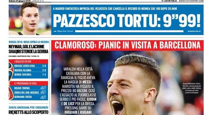 Prima Pagina, Tuttosport: “La Juve vede Milinkovic. Pazzesco Tortu: 9″99! Musa ispira la Nigeria. Ricketts allo scoperto…” 
