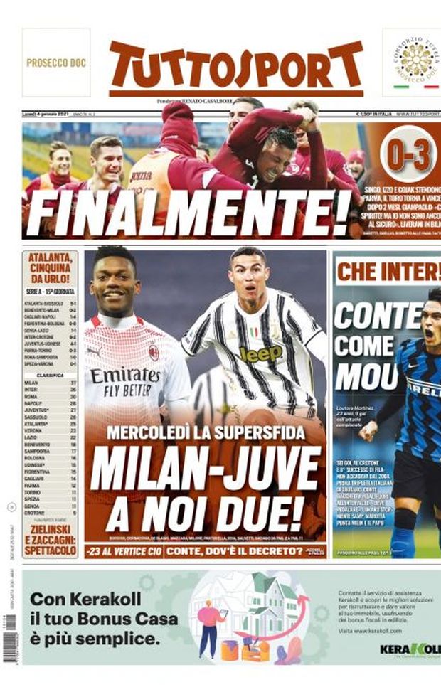 Prima pagina, Tuttosport: “Milan-Juve a noi due, mercoledì la supersfida. Che Inter!&#8221; 