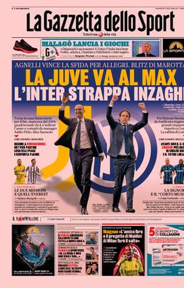 Prima Pagina, La Gazzetta dello Sport: “Agnelli vince la sfida per Allegri, blitz di Marotta” Prima Pagina, La Gazzetta dello Sport: “Agnelli vince la sfida per Allegri, blitz di Marotta”