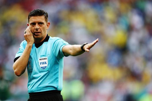 SAMARA, RUSSIA - JULY 02: Referee Gianluca Rocchi receives instructions during the 2018 FIFA World Cup Russia Round of 16 match between Brazil and Mexico at Samara Arena on July 2, 2018 in Samara, Russia. (Photo by Ryan Pierse/Getty Images) SAMARA, RUSSIA - JULY 02: Referee Gianluca Rocchi receives instructions during the 2018 FIFA World Cup Russia Round of 16 match between Brazil and Mexico at Samara Arena on July 2, 2018 in Samara, Russia. (Photo by Ryan Pierse/Getty Images)