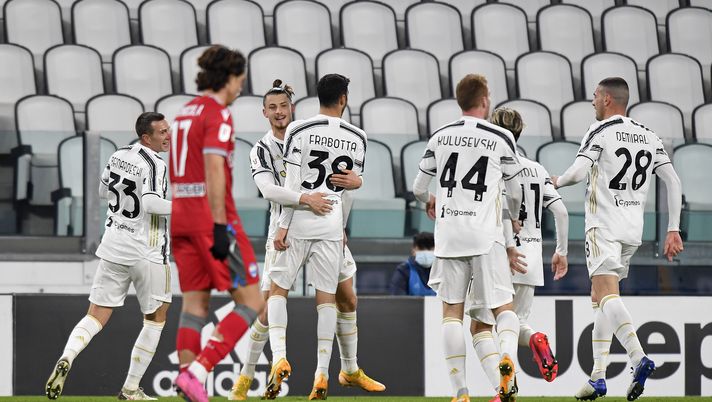 TURIN, ITALY - JANUARY 27: Gianluca Frabotta of Juventus celebrates after scoring his team's second goal with team mates Radu Dragusin, Federico Bernardeschi, Dejan Kulusevski and Merih Demiral during the Coppa Italia match between Juventus and SPAL at Allianz Stadium on January 27, 2021 in Turin, Italy. Sporting stadiums around Italy remain under strict restrictions due to the Coronavirus Pandemic as Government social distancing laws prohibit fans inside venues resulting in games being played behind closed doors. (Photo by Filippo Alfero - Juventus FC/Juventus FC via Getty Images) TURIN, ITALY - JANUARY 27: Gianluca Frabotta of Juventus celebrates after scoring his team's second goal with team mates Radu Dragusin, Federico Bernardeschi, Dejan Kulusevski and Merih Demiral during the Coppa Italia match between Juventus and SPAL at Allianz Stadium on January 27, 2021 in Turin, Italy. Sporting stadiums around Italy remain under strict restrictions due to the Coronavirus Pandemic as Government social distancing laws prohibit fans inside venues resulting in games being played behind closed doors. (Photo by Filippo Alfero - Juventus FC/Juventus FC via Getty Images)
